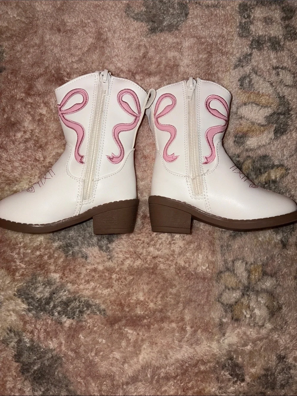 White Kids Cowgirl Boots with Pink Stitching